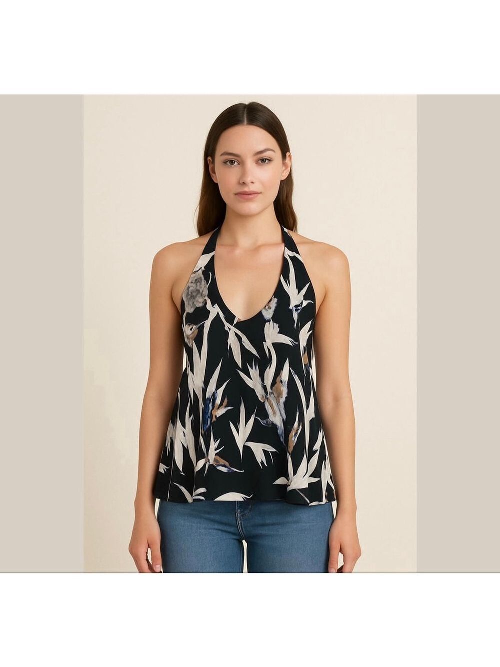 Floral Halter Neck V-Neck Blouse in Black